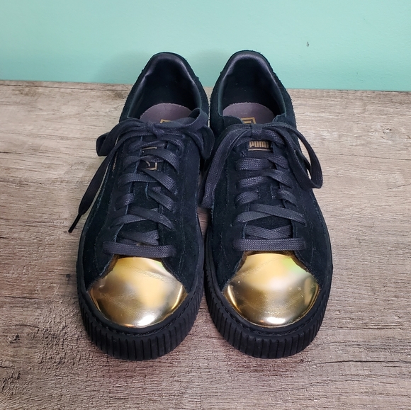 Puma Gold Toe Black Suede Platform Sneakers - Picture 7 of 9